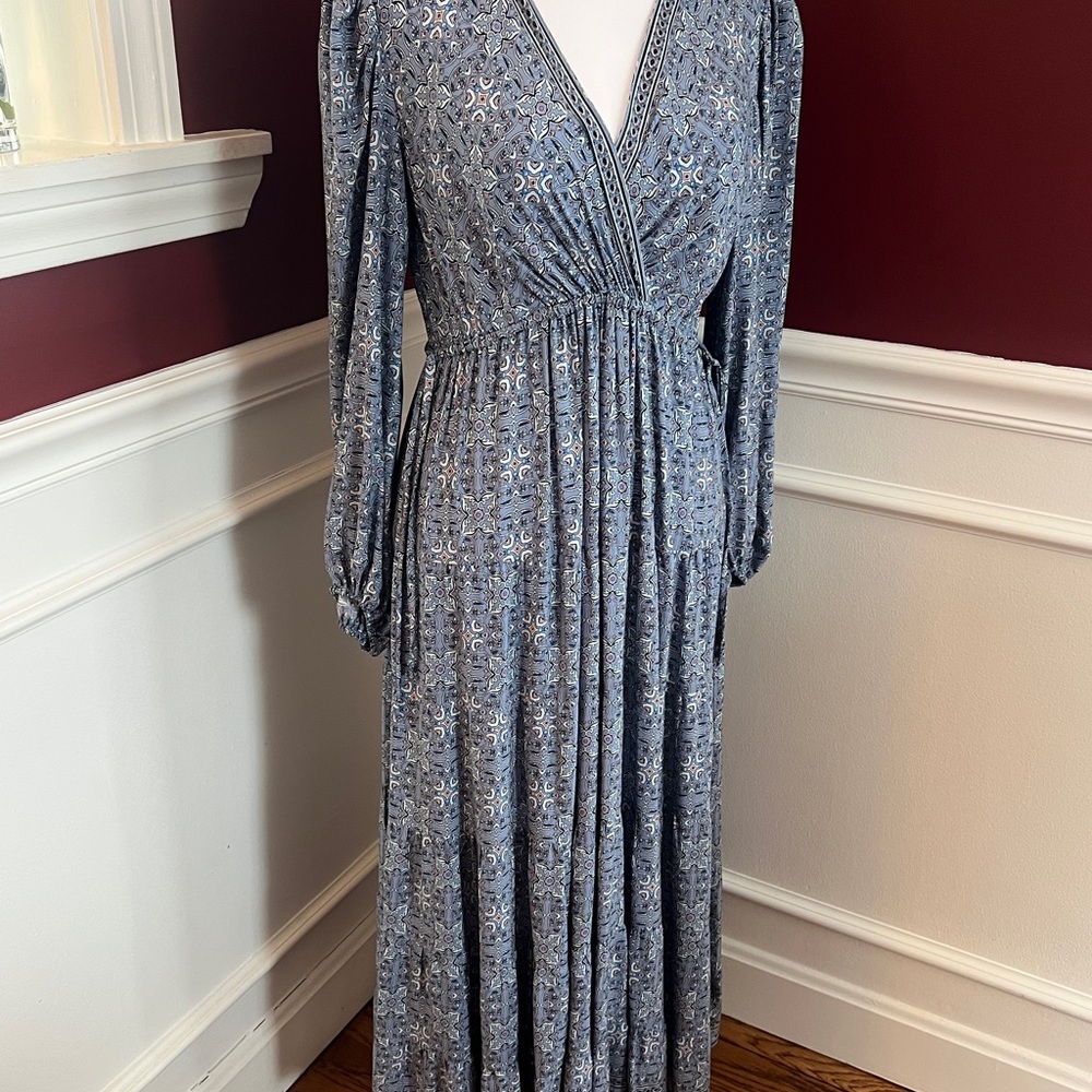 Max Studio Elegant Long Sleeve Blue Patterned Dress sm